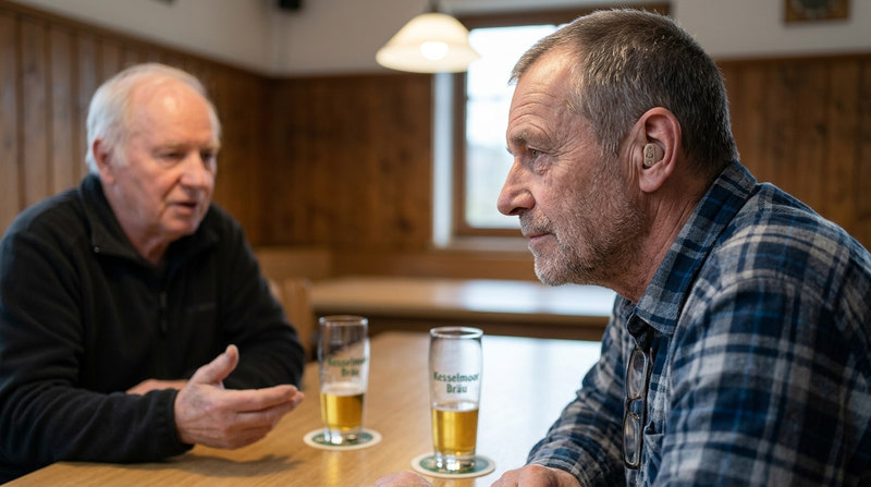 Mann, 66, im Vereinsheim im Profil, hört seinem Tischnachbarn zu, im Ohr nur die kleine beige Frontplatte der Hörhilfe
