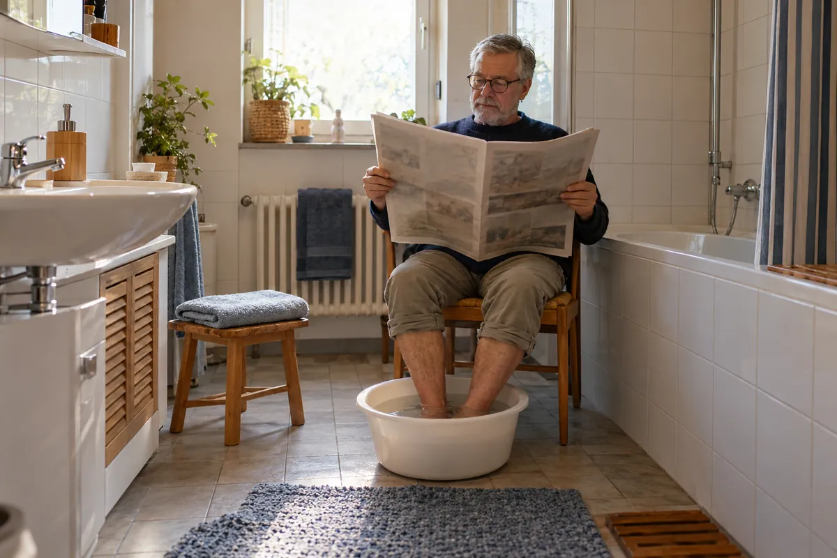 Ein Mann um die 65 sitzt im Badezimmer, hat die Füße in einer Schüssel mit warmem Wasser und liest Zeitung.