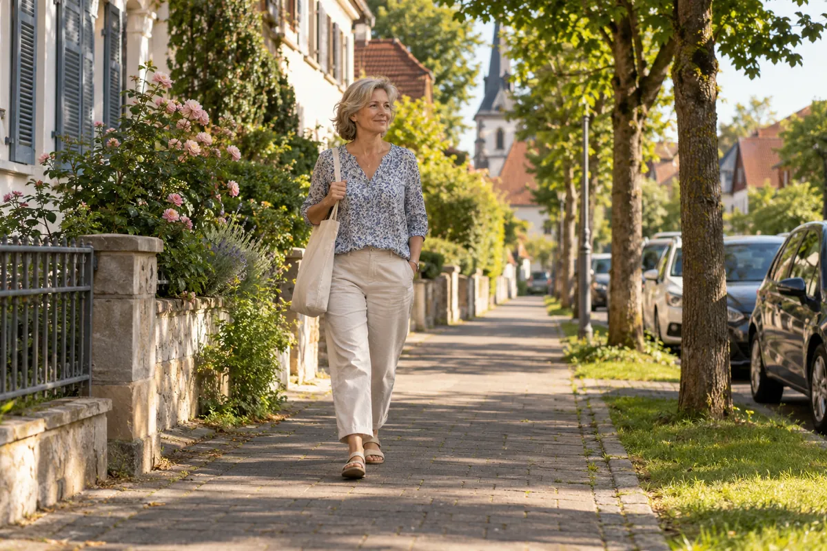 Eine Frau um die 58 geht im Sommer in bequemen offenen Sandalen eine ruhige Wohnstraße entlang.