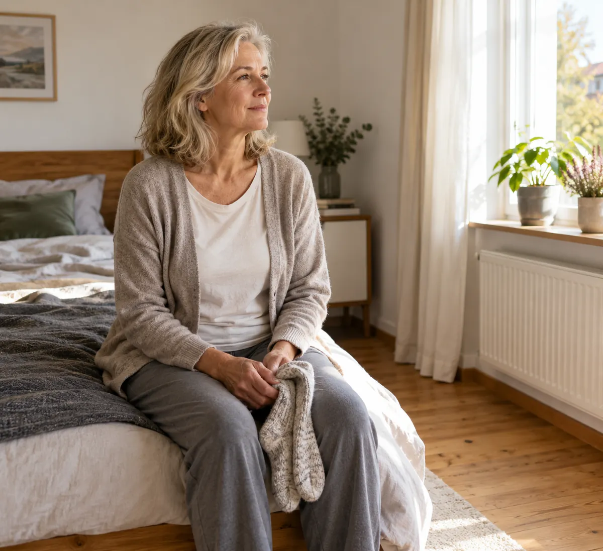 Eine Frau um die 60 sitzt morgens auf der Bettkante und hält ein Paar Socken in der Hand.