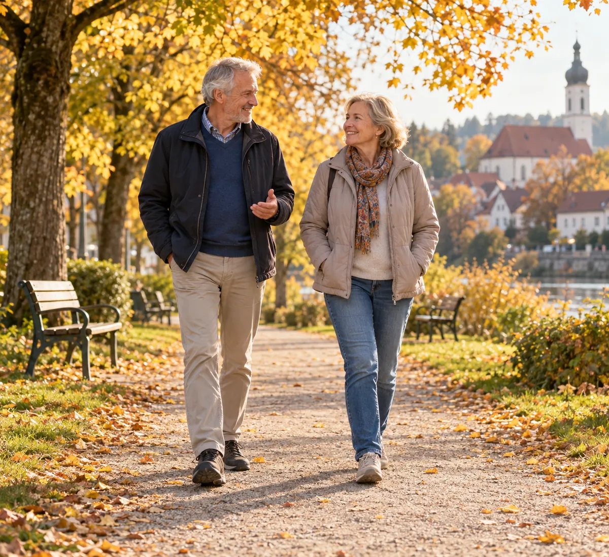 Paar Anfang 60 geht im Herbst langsam einen Parkweg entlang