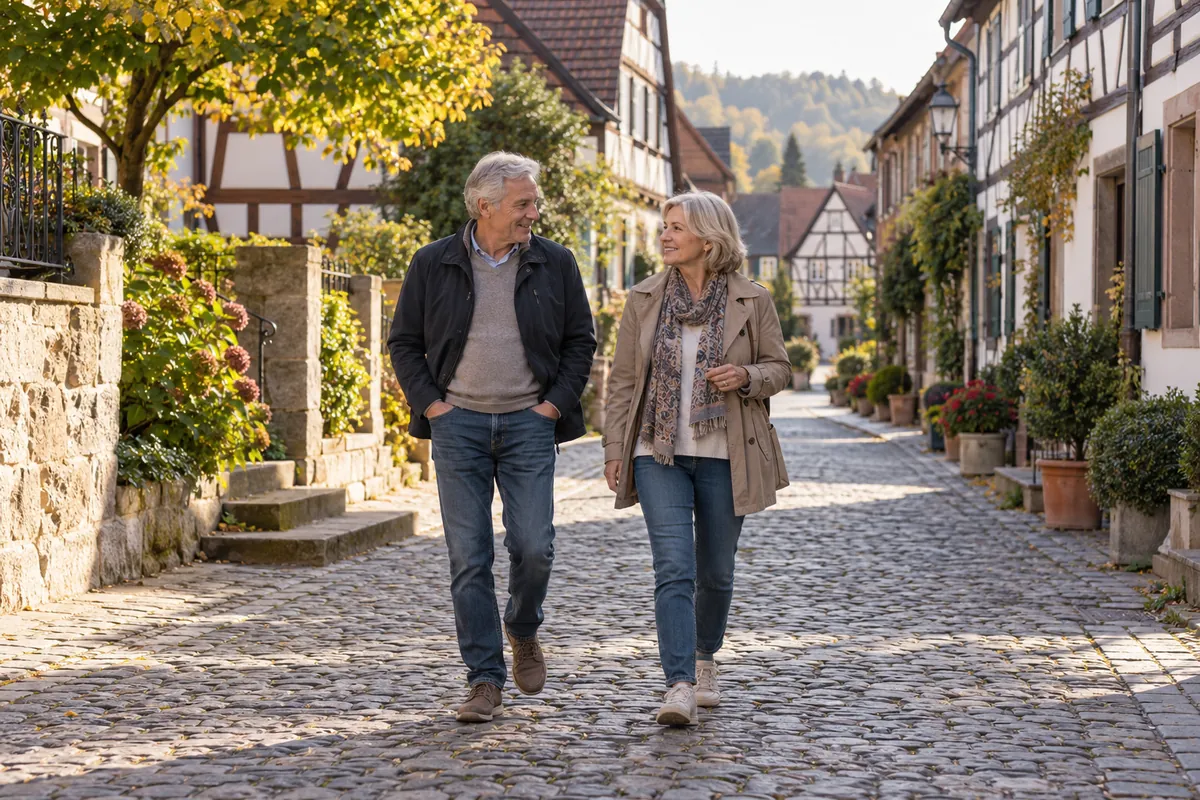 Ein Paar um die 60 geht gemütlich nebeneinander durch eine ruhige Straße in einer Kleinstadt.