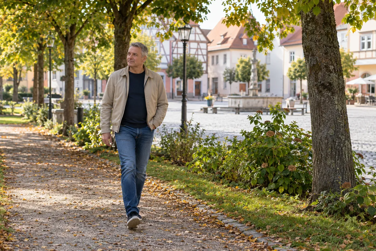 Mann Ende 50 geht in der Arbeitspause einen kurzen Weg unter Bäumen