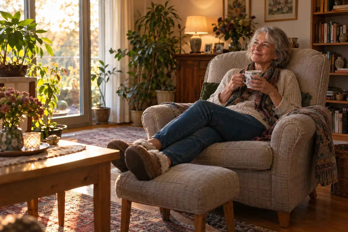 Frau um die 60 sitzt am Nachmittag im Sessel und hat die Beine auf einem Hocker hochgelegt