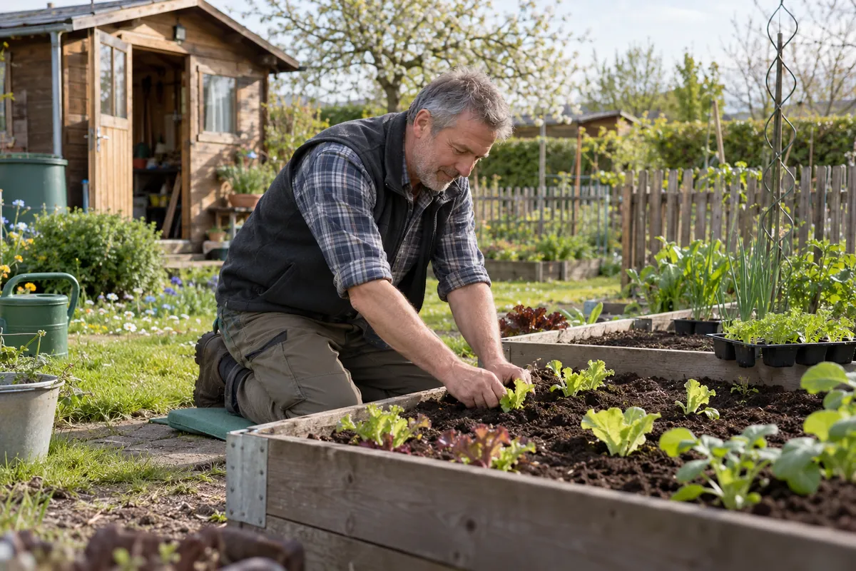 Mann Ende 50 kniet auf einem Kissen im Schrebergarten und setzt Salat in ein Beet