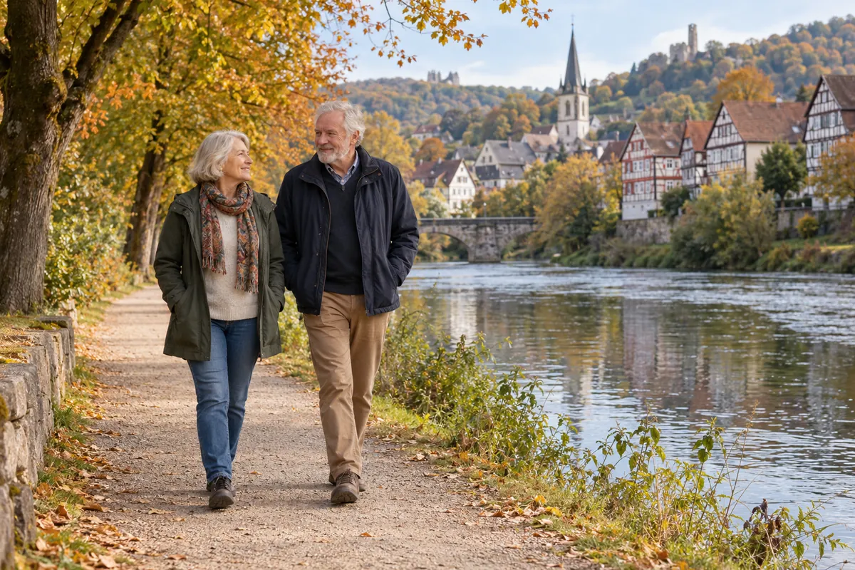 Frau und Mann um die 65 gehen gemächlich auf einem ebenen Weg am Fluss spazieren