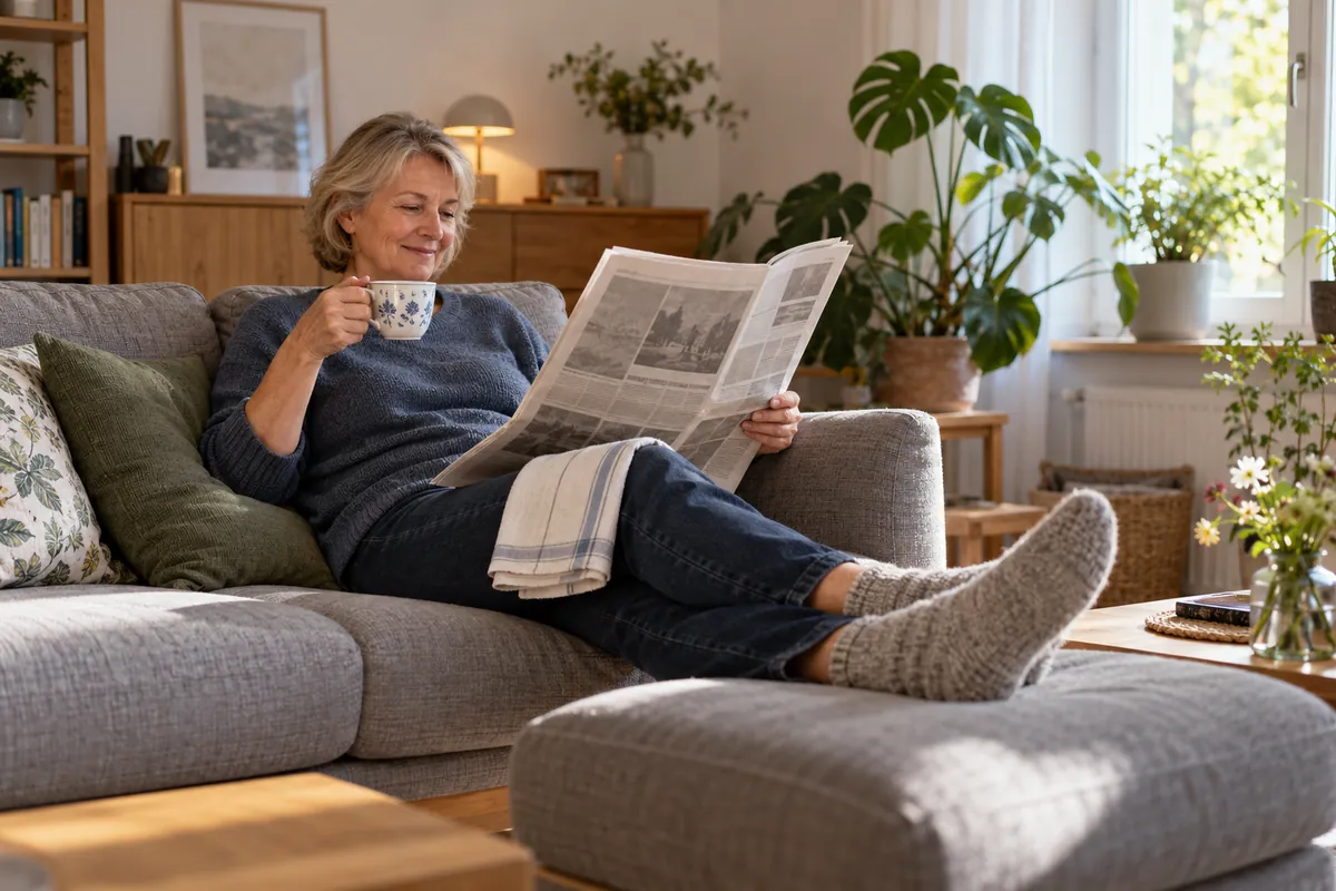 Frau um die 60 sitzt mit hochgelegten Beinen auf dem Sofa und liest Zeitung, ein Geschirrtuch liegt über ihrem Knie