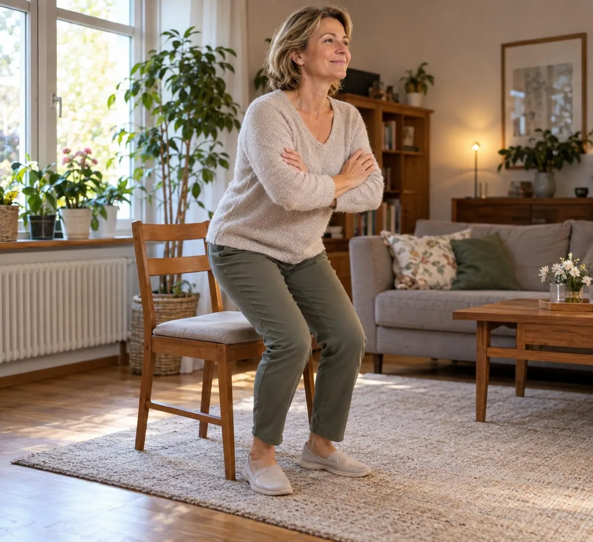 Frau um die 58 steht im Wohnzimmer ohne Hilfe der Hände von einem Holzstuhl auf