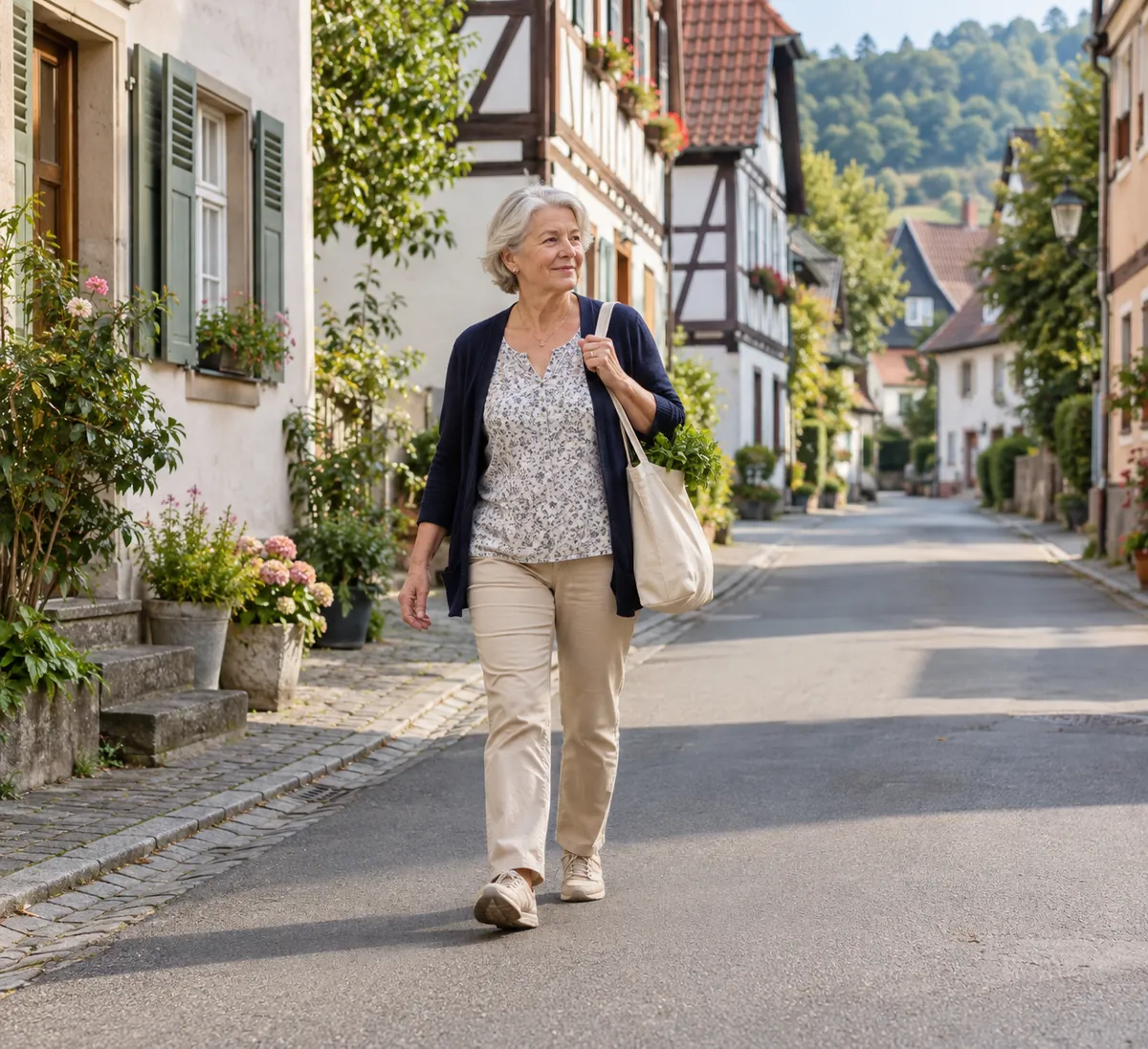 Frau um die 65 geht mit einer Einkaufstasche eine ruhige Straße in einer deutschen Kleinstadt entlang