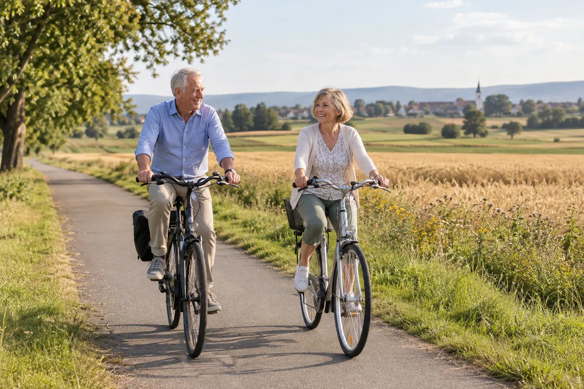 Ein Mann und eine Frau in den Sechzigern fahren nebeneinander Fahrrad auf einem Weg zwischen Feldern