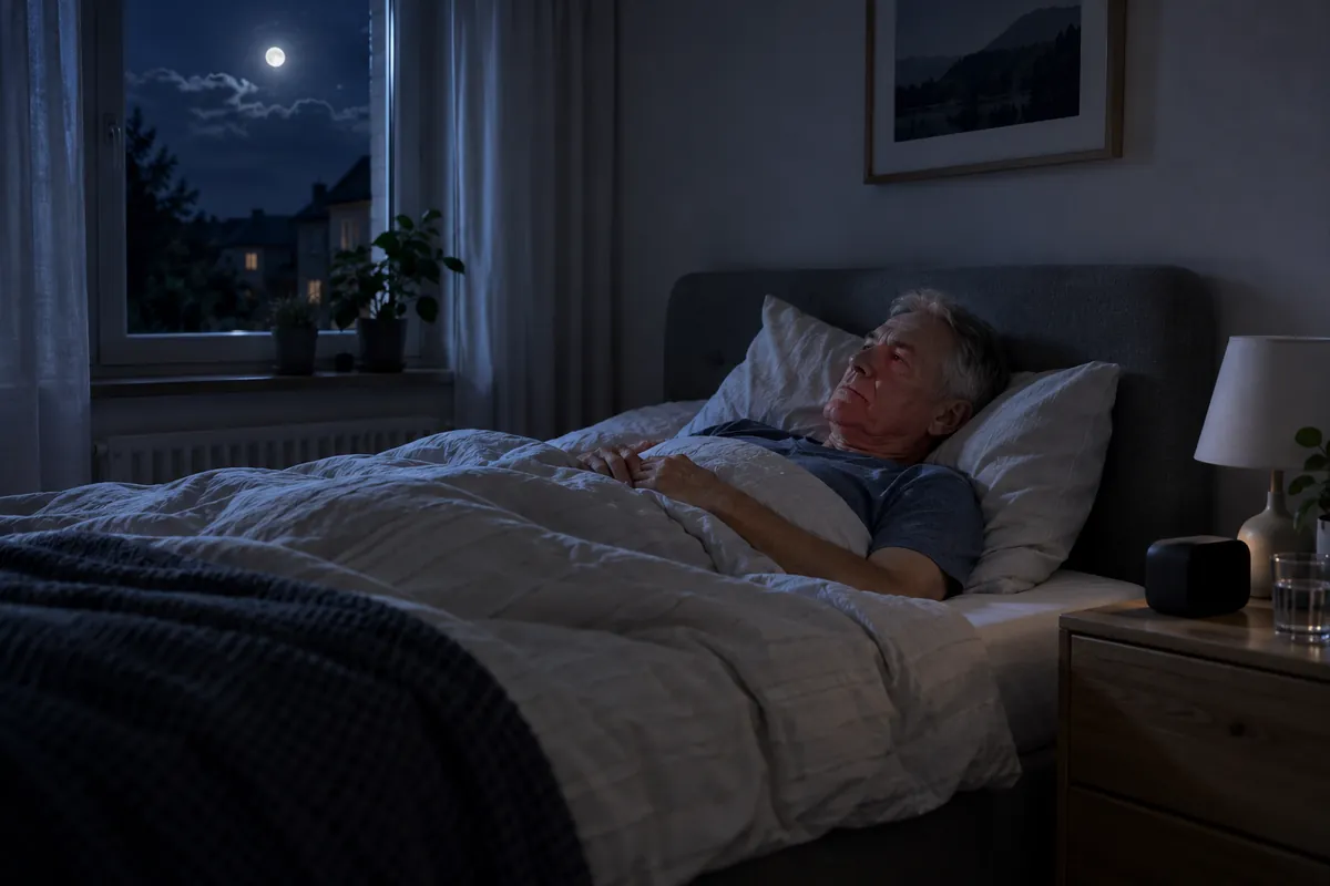 Mann um die 65 liegt nachts wach im Bett, das Mondlicht fällt durchs Fenster
