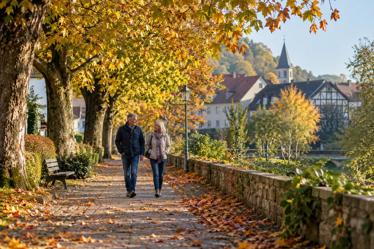 Paar Ende 50 geht am Morgen auf einem Weg mit Bäumen spazieren