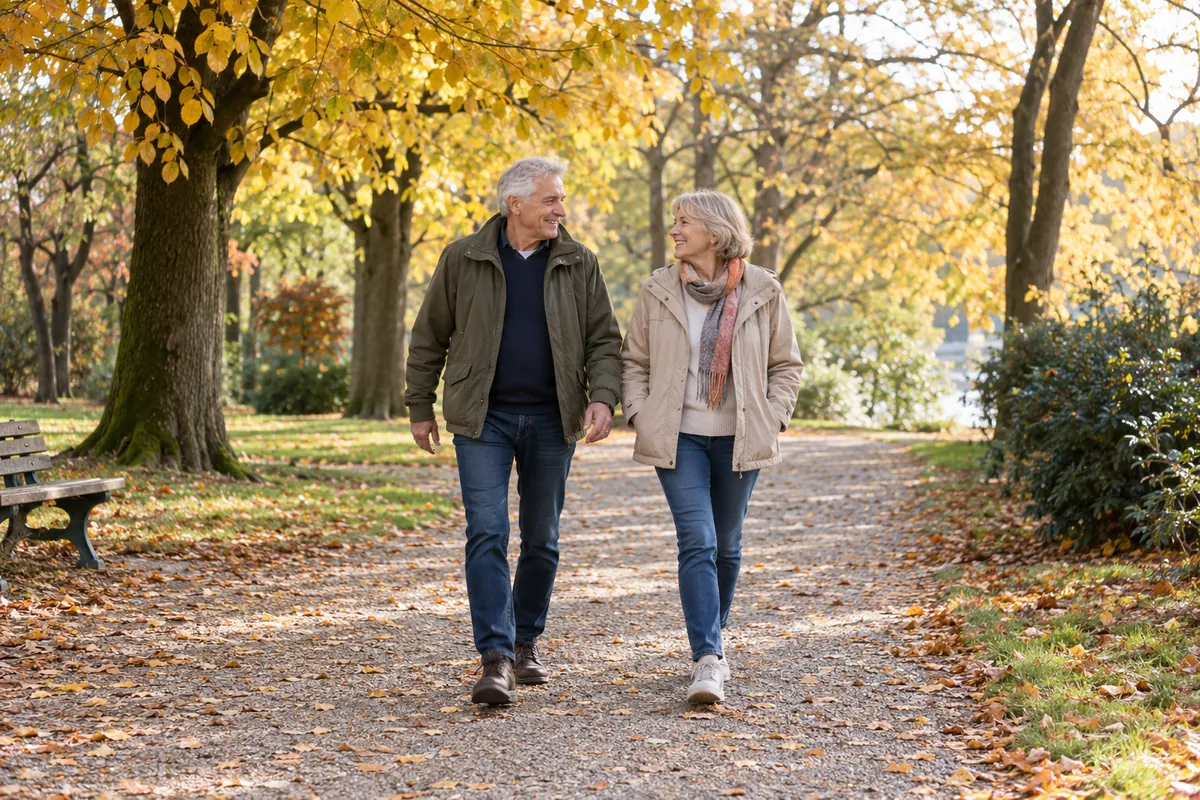 Ein älteres Paar geht an einem Herbstmorgen entspannt durch einen Park