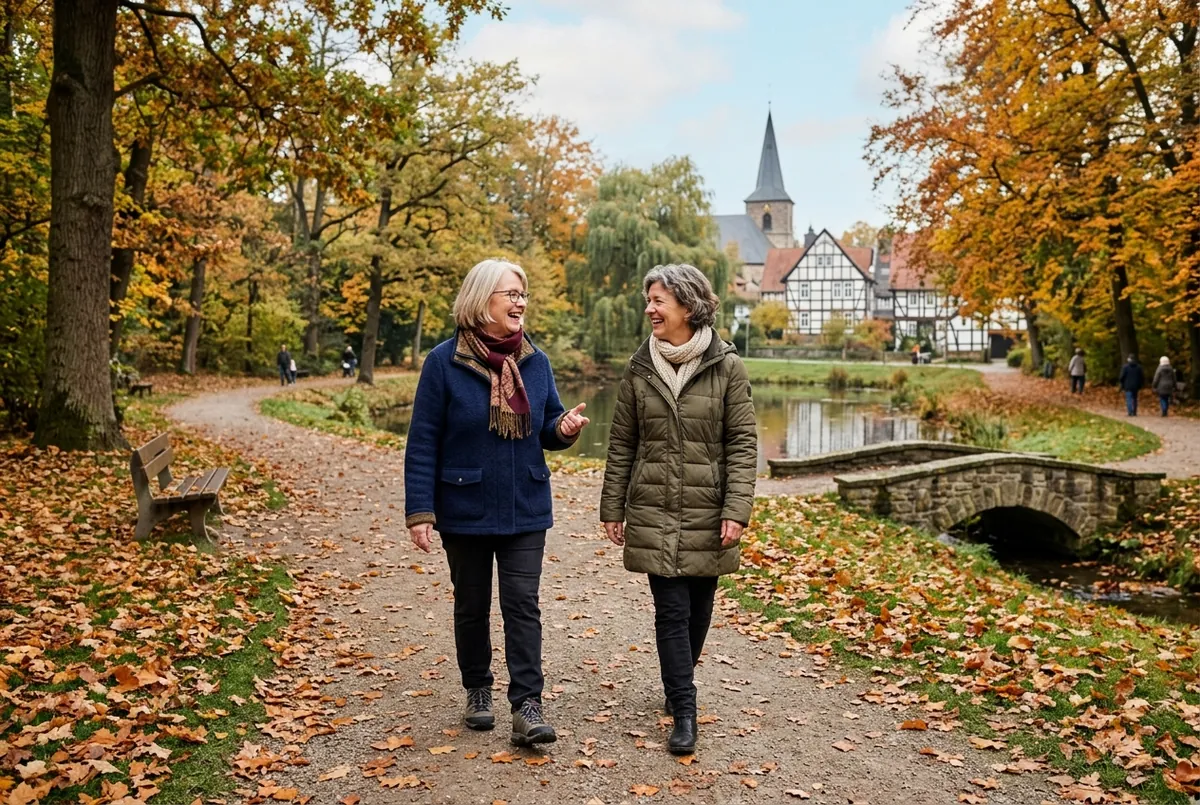 Zwei Frauen um die sechzig gehen im herbstlichen Park nebeneinander und unterhalten sich.