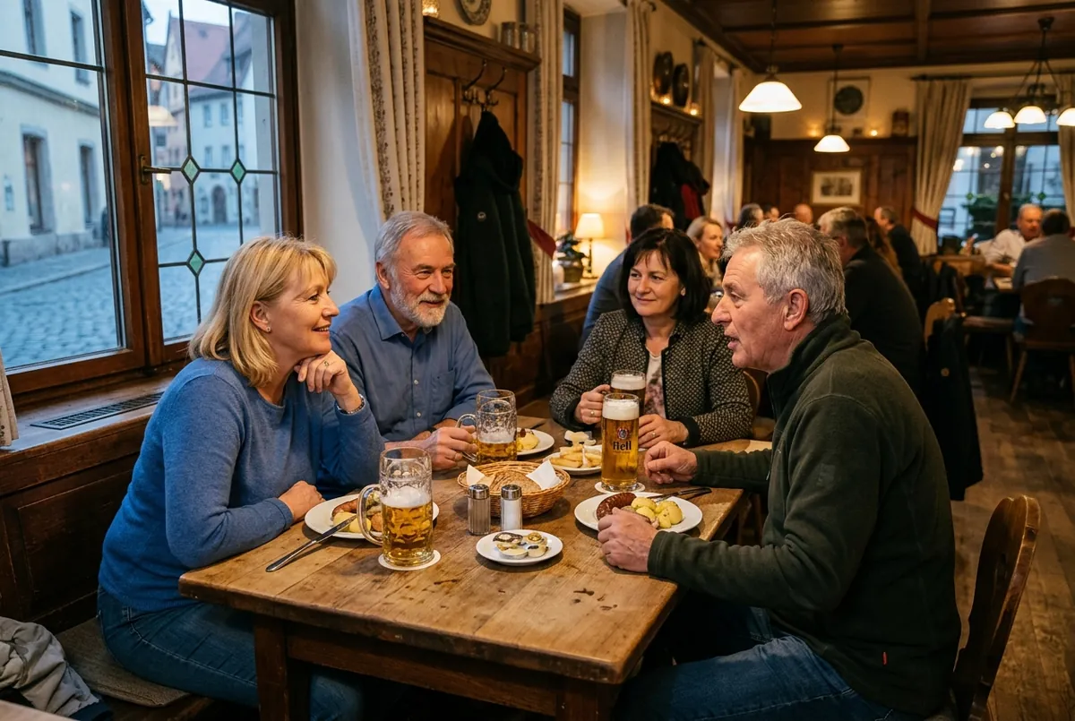 Vier Freunde zwischen 55 und 70 sitzen im Gasthaus am Holztisch, eine Frau hört dem Mann gegenüber aufmerksam zu.