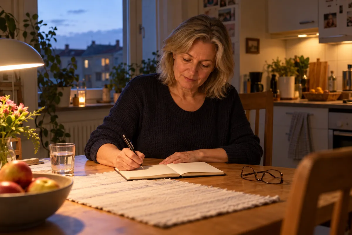 Frau Ende 50 schreibt abends am Küchentisch in ein kleines Notizbuch