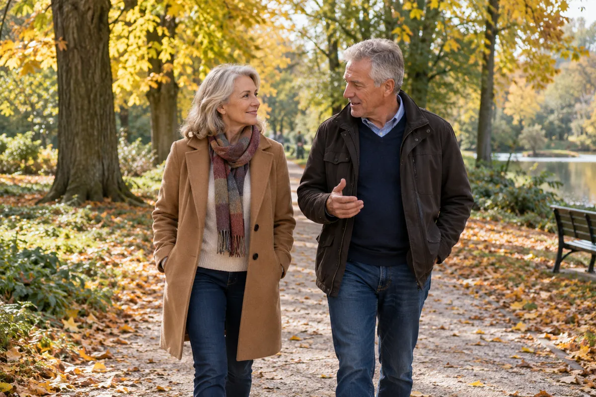 Paar Mitte 60 geht im Herbst im Park spazieren und unterhält sich