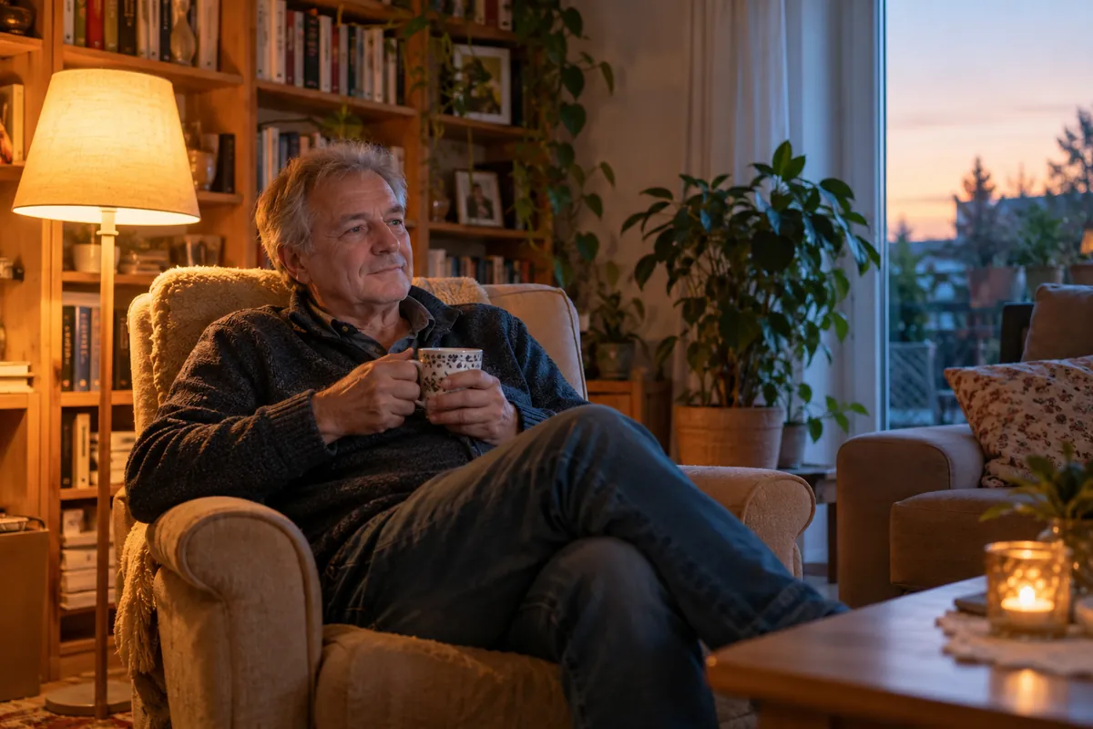 Mann um die 65 ruht sich abends mit einer Tasse Tee im Sessel aus