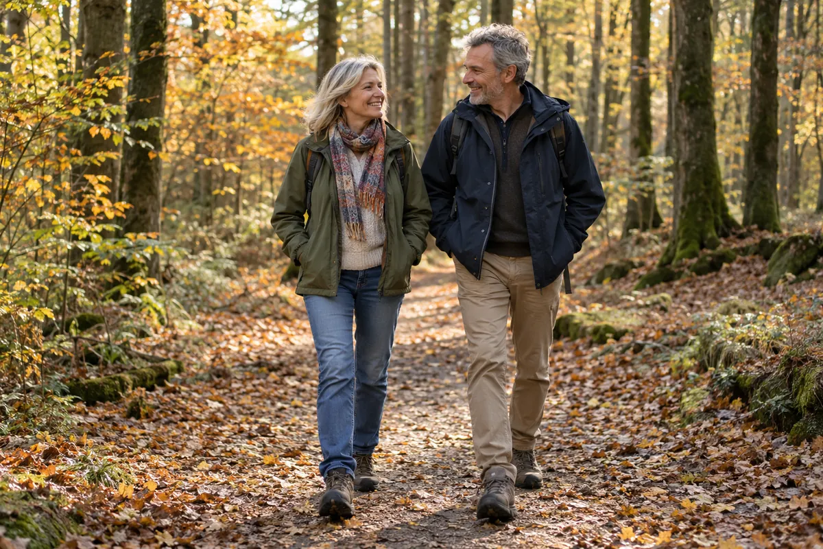 Paar Ende fünfzig unterhält sich bei einem Spaziergang im Herbstwald
