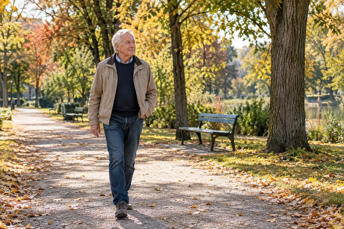 Mann um die 65 geht vormittags bei Tageslicht durch einen Park mit Herbstbäumen.