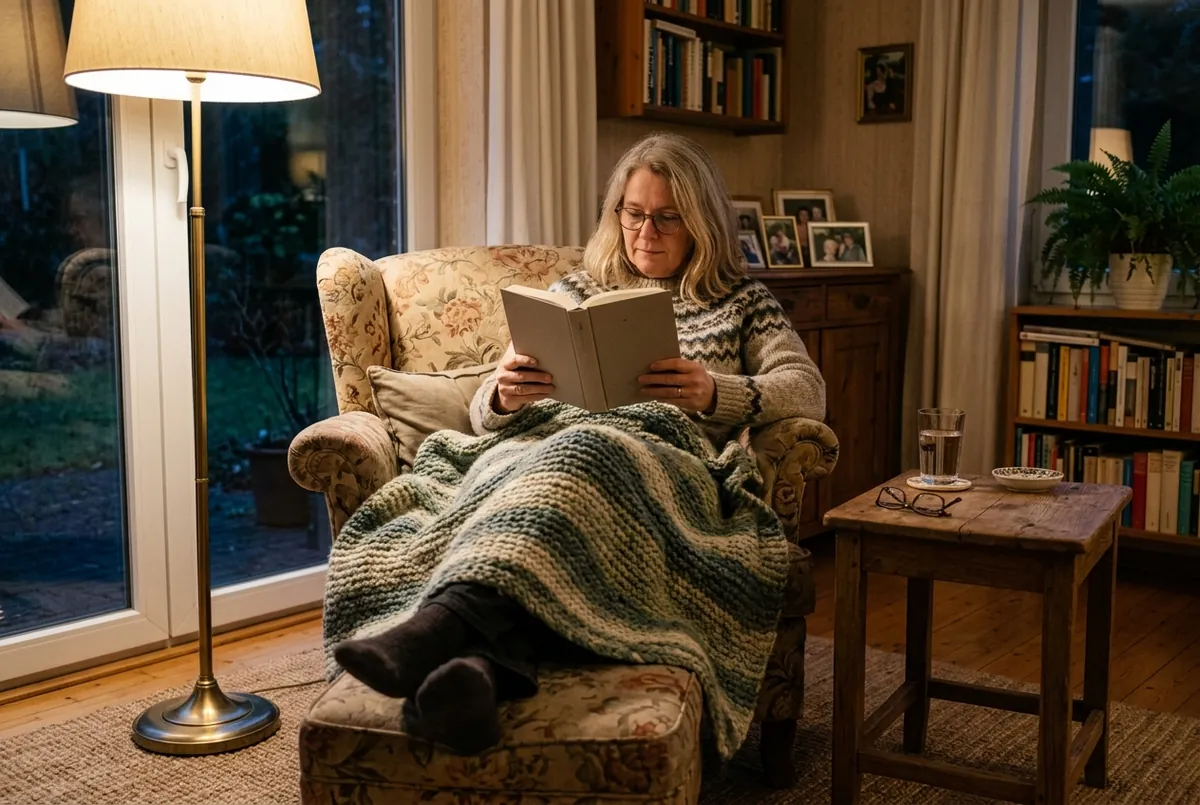 Frau um die 55 liest abends im Sessel unter einer warmen Stehlampe ein Buch.
