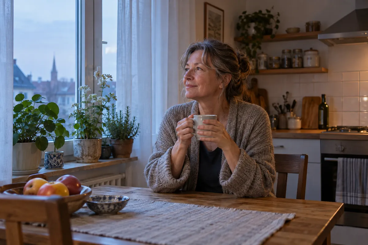 Frau um die 60 sitzt frühmorgens mit einer Tasse Tee am Küchentisch, draußen dämmert es.