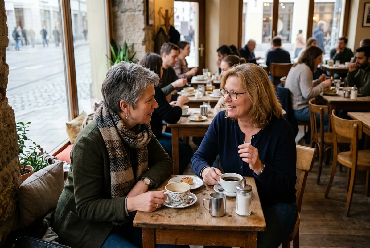 Zwei Freundinnen um die 60 sitzen in einem vollen Café, eine beugt sich vor, um besser zuzuhören.