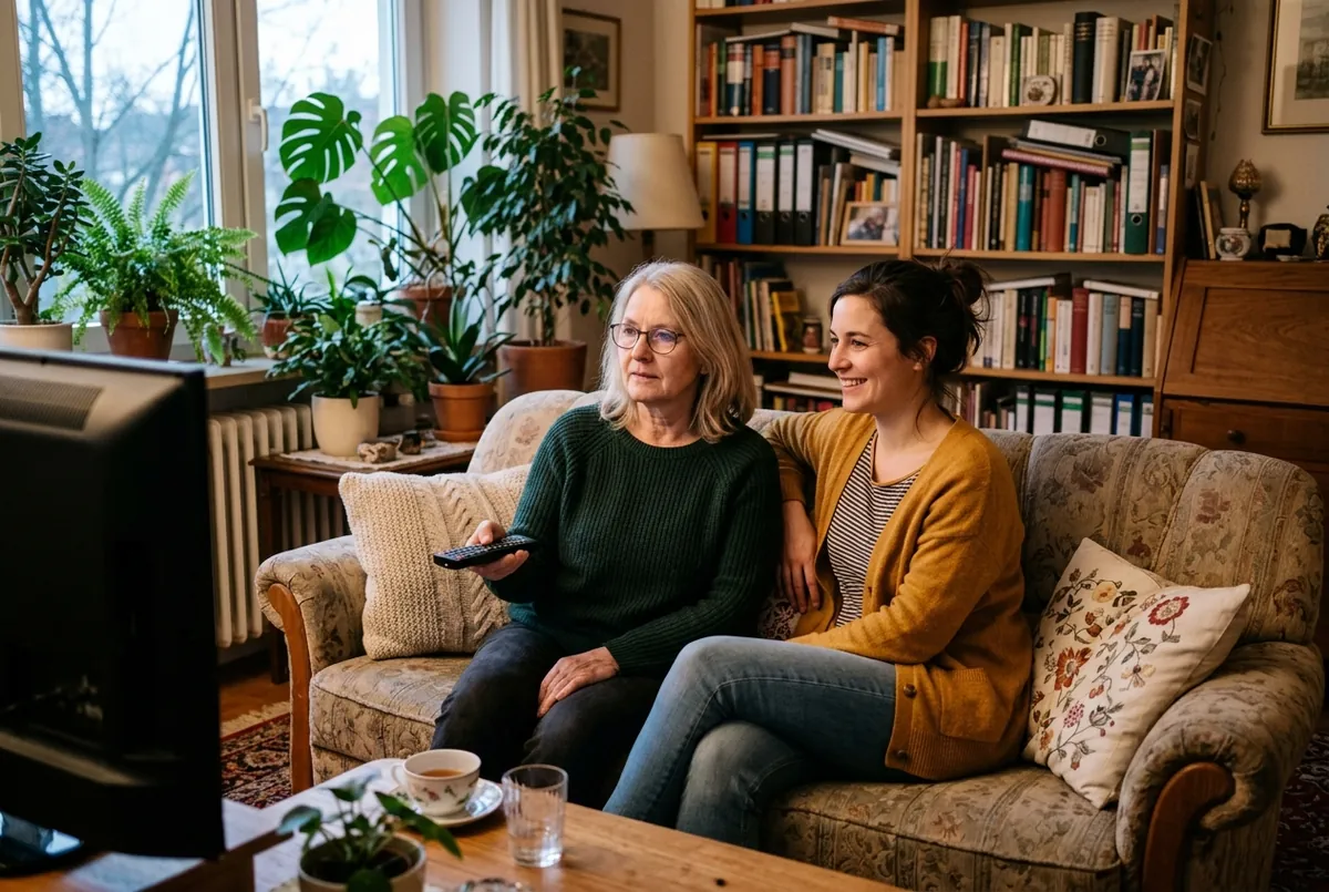 Eine Frau um die 60 sitzt mit der Fernbedienung auf dem Sofa, neben ihr ihre erwachsene Tochter.